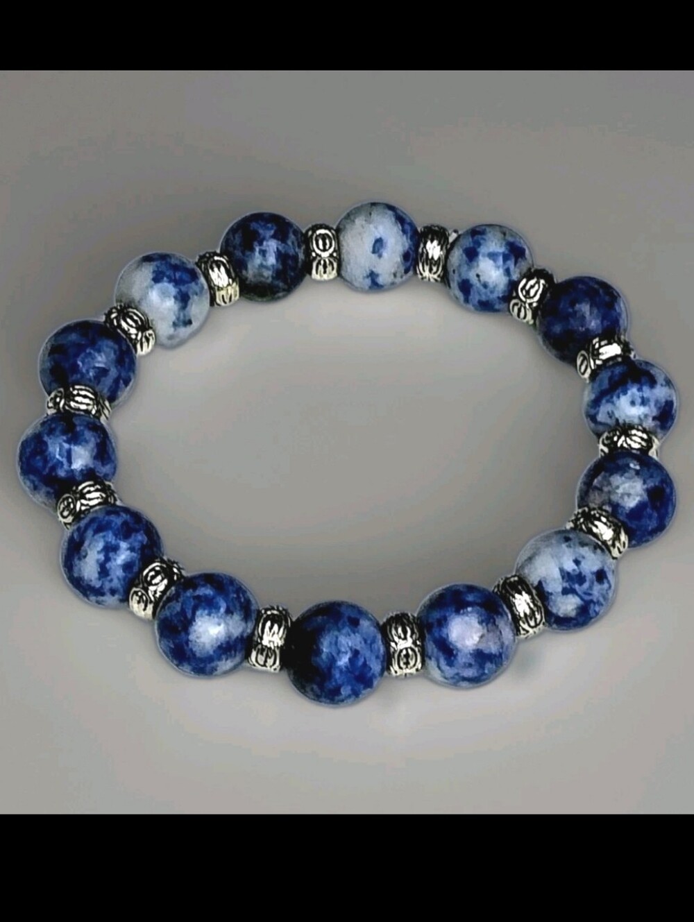 Blue Sodalite Beaded Stretch Bracelet with Tibetan Silver Accents Boho Gift